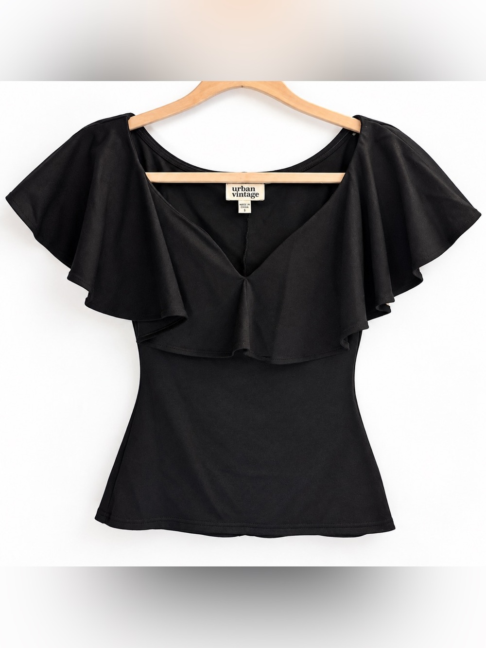 Unique Vintage Black Ruffle V-Neck Top